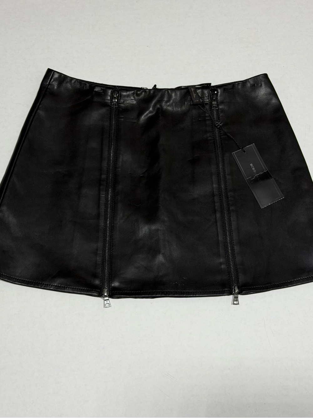 BCBGMaxAzria Black Faux Leather Mini Skirt with Double Front Zippers